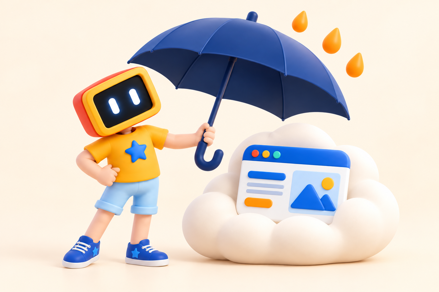 Botify mascot holding an umbrella over a hosting cloud and website