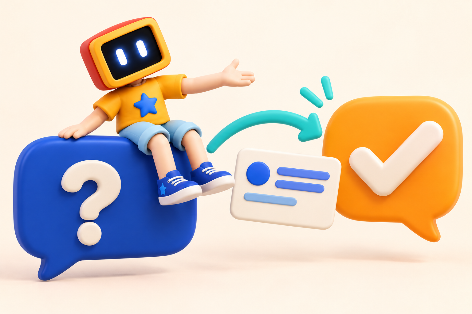 Botify mascot connecting a customer question to a useful answer and an enquiry card