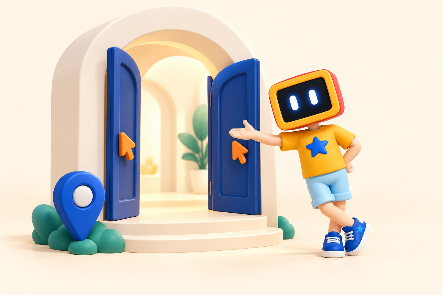 Botify mascot welcoming customers through a blue digital front door